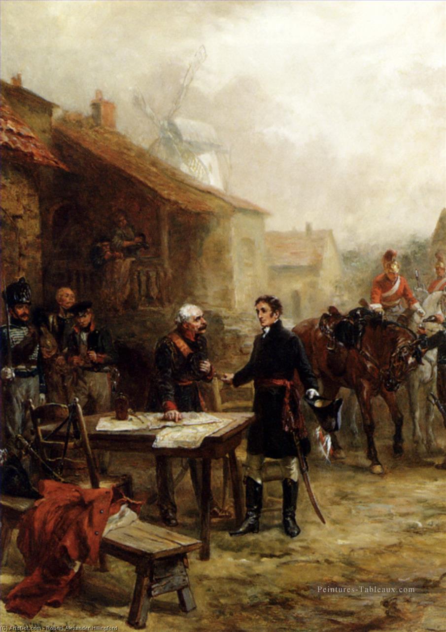 Wellington et Blucher réunion avant la bataille de Waterloo Robert Alexander Hillingford scènes de bataille historiques Peintures à l'huile